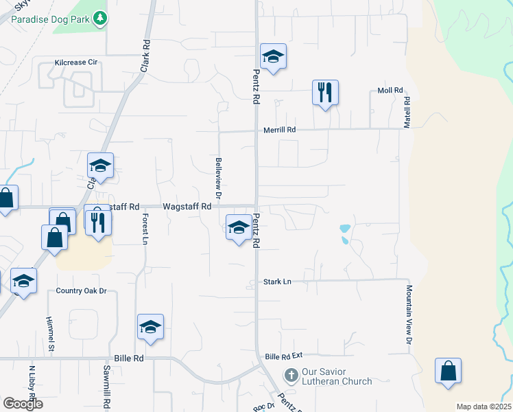 map of restaurants, bars, coffee shops, grocery stores, and more near Pentz Rd & Wagstaff Rd in Paradise