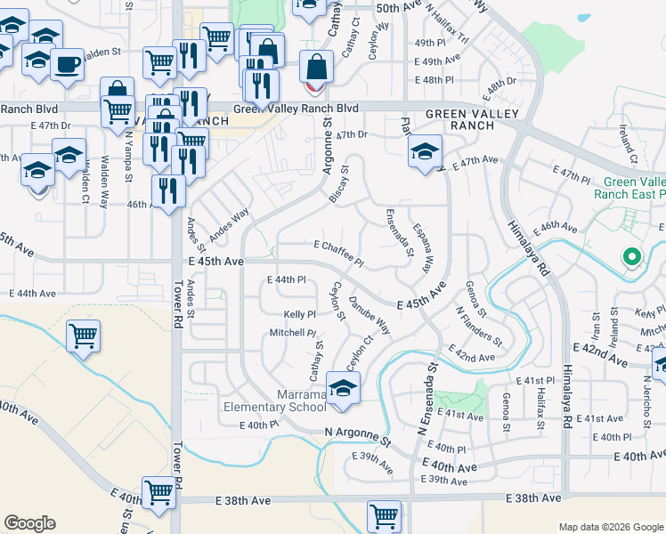 map of restaurants, bars, coffee shops, grocery stores, and more near 4535 Cathay Court in Denver