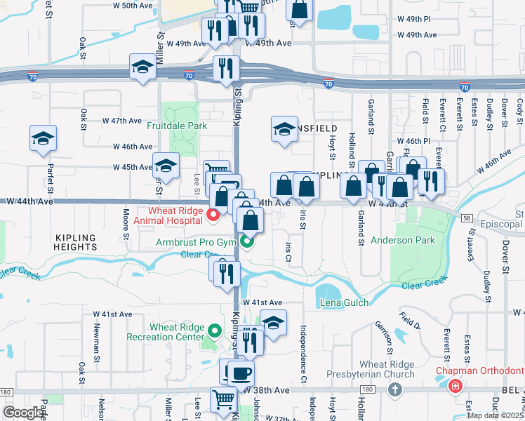 map of restaurants, bars, coffee shops, grocery stores, and more near 4361 Jellison Street in Wheat Ridge