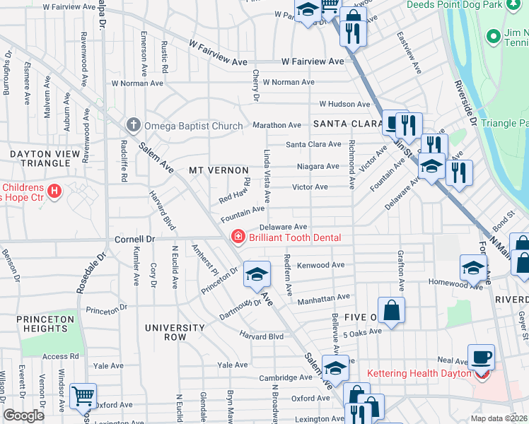 map of restaurants, bars, coffee shops, grocery stores, and more near 1119 Linda Vista Avenue in Dayton