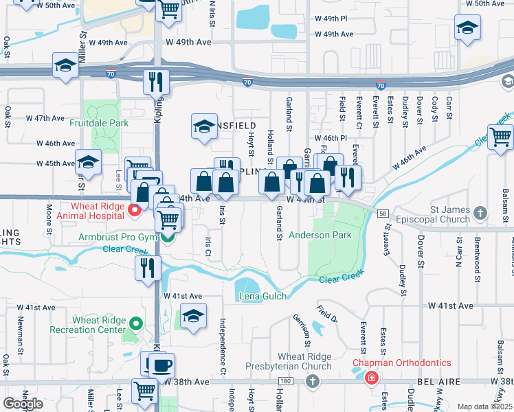 map of restaurants, bars, coffee shops, grocery stores, and more near 9491 West 44th Avenue in Wheat Ridge