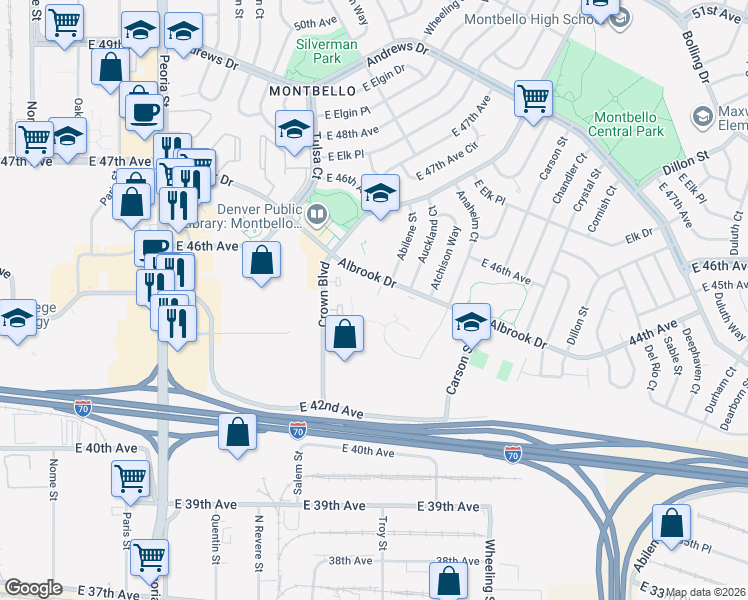 map of restaurants, bars, coffee shops, grocery stores, and more near in Denver