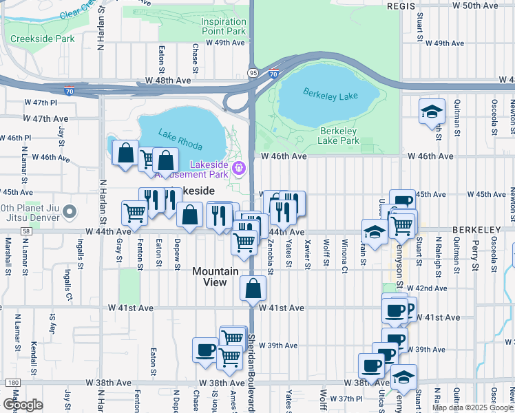 map of restaurants, bars, coffee shops, grocery stores, and more near 4501 Zenobia Street in Denver