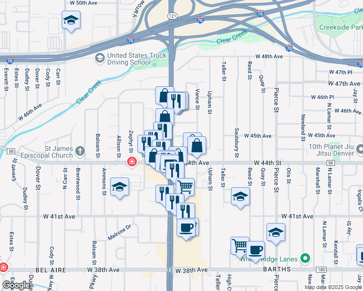map of restaurants, bars, coffee shops, grocery stores, and more near in Wheat Ridge