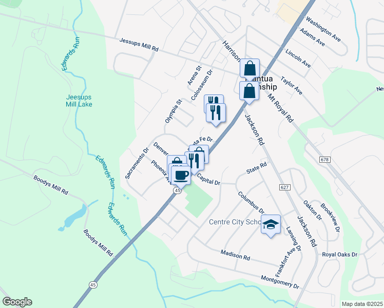 map of restaurants, bars, coffee shops, grocery stores, and more near 645 Santa Fe Drive in Gloucester County