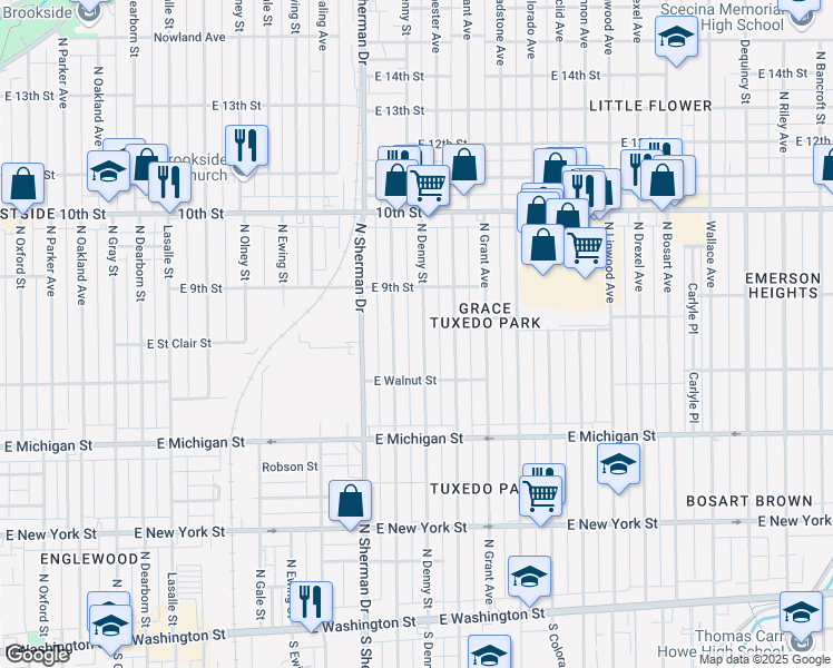 map of restaurants, bars, coffee shops, grocery stores, and more near 830 North Denny Street in Indianapolis
