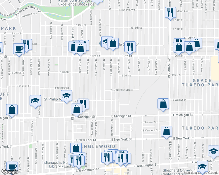 map of restaurants, bars, coffee shops, grocery stores, and more near 835 North Dearborn Street in Indianapolis