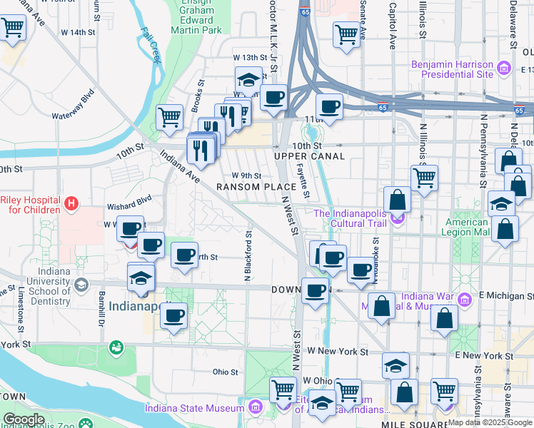 map of restaurants, bars, coffee shops, grocery stores, and more near 808 North California Street in Indianapolis