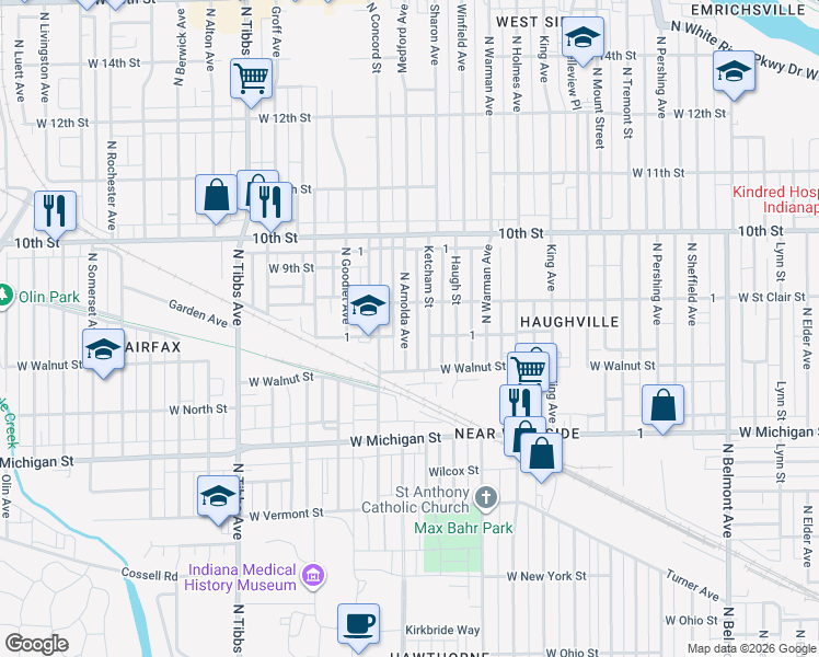 map of restaurants, bars, coffee shops, grocery stores, and more near 777 North Arnolda Avenue in Indianapolis
