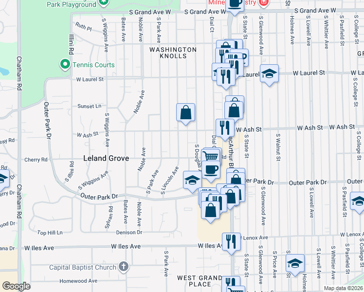map of restaurants, bars, coffee shops, grocery stores, and more near 2003 South Lincoln Avenue in Springfield