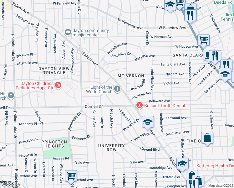 map of restaurants, bars, coffee shops, grocery stores, and more near 1516 Salem Avenue in Dayton
