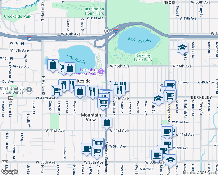 map of restaurants, bars, coffee shops, grocery stores, and more near 4501 Zenobia Street in Denver