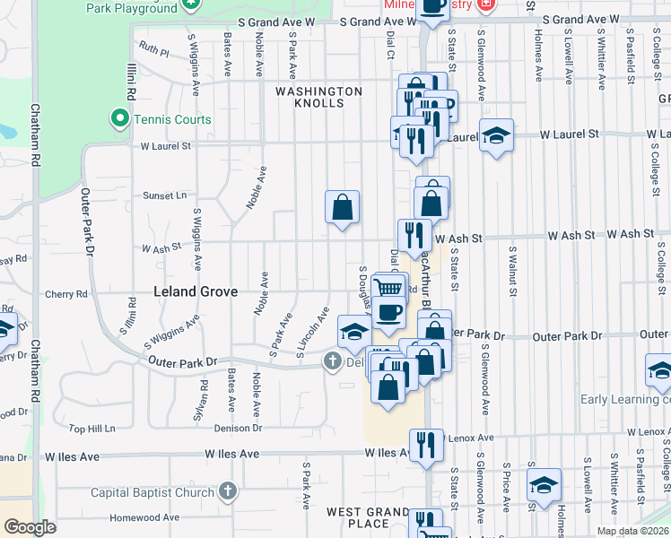 map of restaurants, bars, coffee shops, grocery stores, and more near 2003 South Lincoln Avenue in Springfield