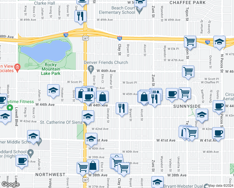 map of restaurants, bars, coffee shops, grocery stores, and more near 4463 Clay Street in Denver