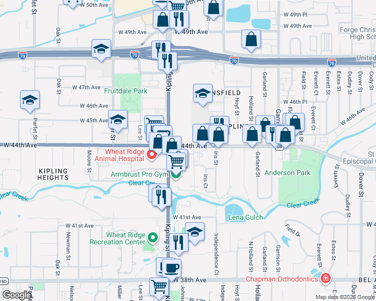 map of restaurants, bars, coffee shops, grocery stores, and more near 9910 West 44th Avenue in Wheat Ridge