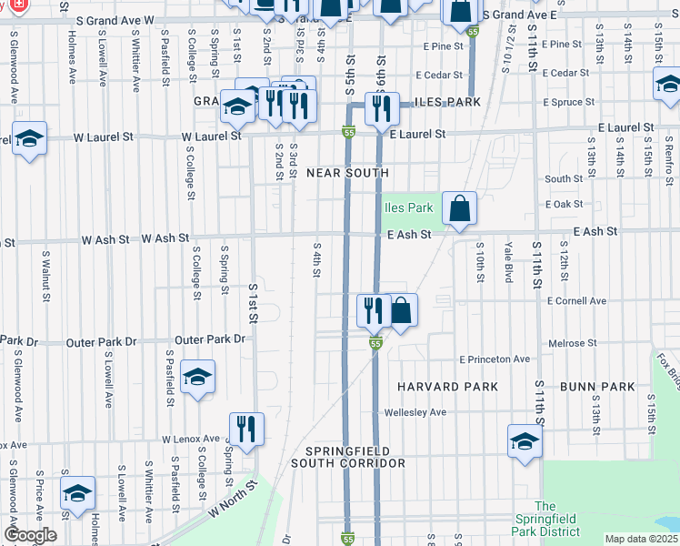 map of restaurants, bars, coffee shops, grocery stores, and more near 2053 South 5th Street in Springfield