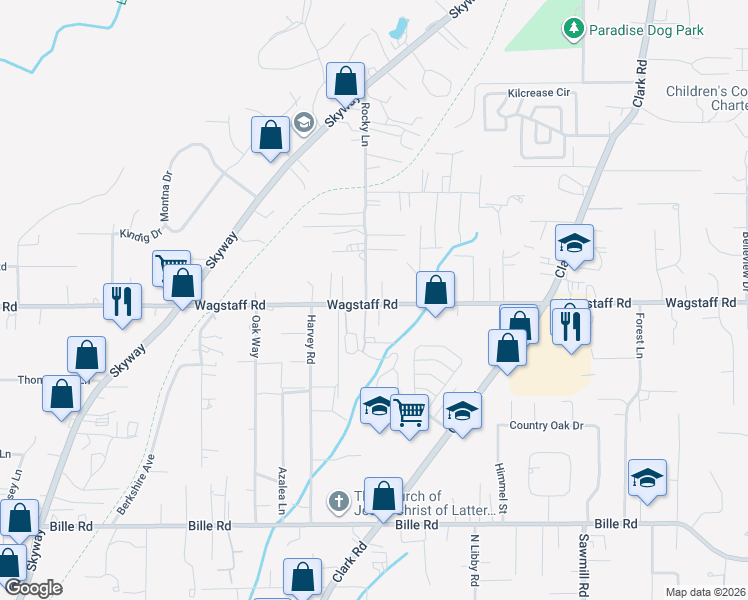 map of restaurants, bars, coffee shops, grocery stores, and more near 6446 Rocky Lane in Paradise