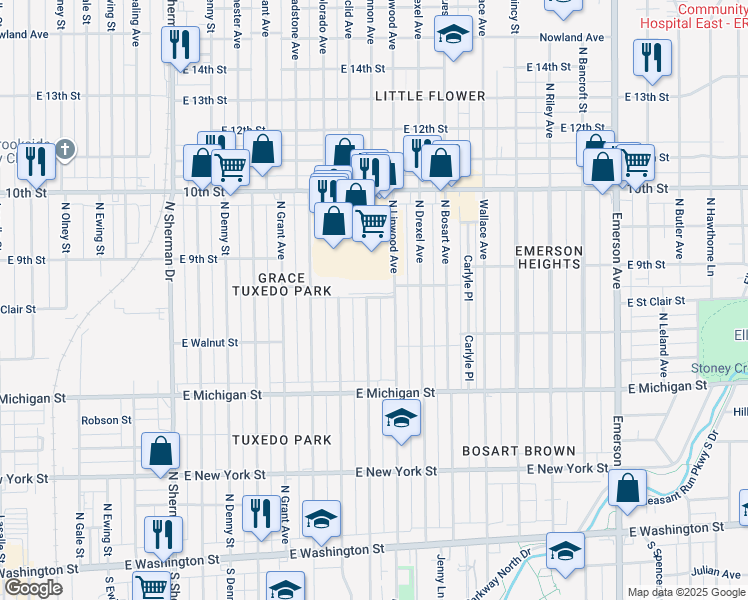map of restaurants, bars, coffee shops, grocery stores, and more near 815 North Euclid Avenue in Indianapolis