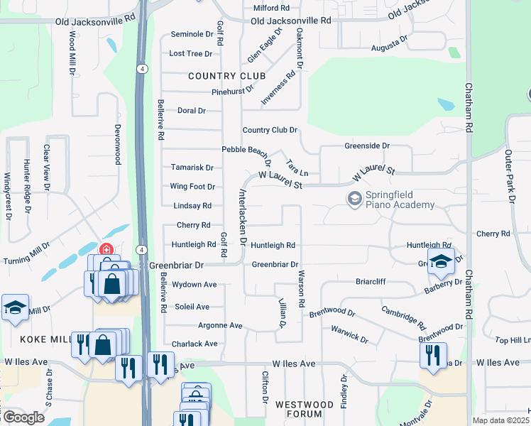 map of restaurants, bars, coffee shops, grocery stores, and more near 2315 Silver Stone Court in Springfield