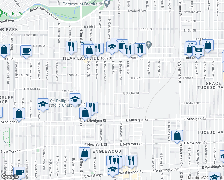 map of restaurants, bars, coffee shops, grocery stores, and more near 814 North Gray Street in Indianapolis