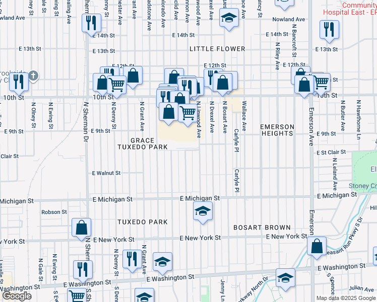 map of restaurants, bars, coffee shops, grocery stores, and more near 813 North Euclid Avenue in Indianapolis