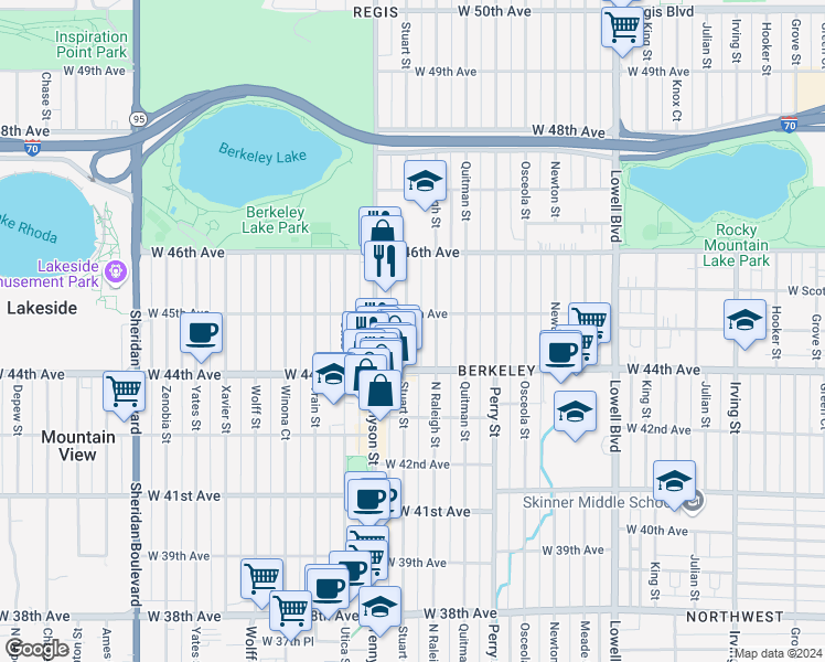 map of restaurants, bars, coffee shops, grocery stores, and more near 4468 Stuart Street in Denver