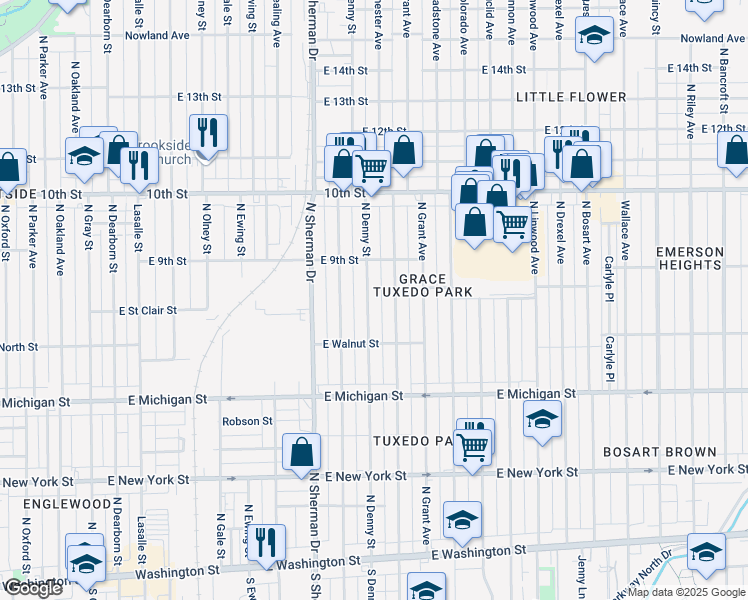 map of restaurants, bars, coffee shops, grocery stores, and more near 807 North Denny Street in Indianapolis