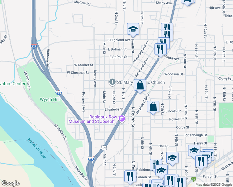 map of restaurants, bars, coffee shops, grocery stores, and more near 1515 North 2nd Street in Saint Joseph