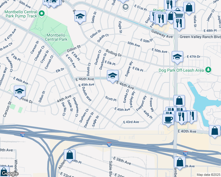 map of restaurants, bars, coffee shops, grocery stores, and more near 4580 Dearborn Street in Denver