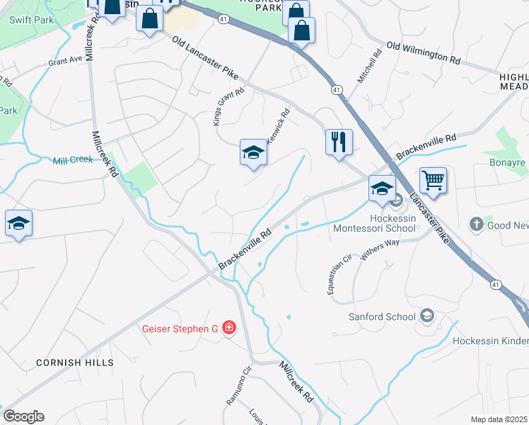 map of restaurants, bars, coffee shops, grocery stores, and more near 726 Gateway Road in Hockessin