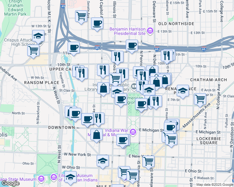 map of restaurants, bars, coffee shops, grocery stores, and more near 832 Pierson Street in Indianapolis