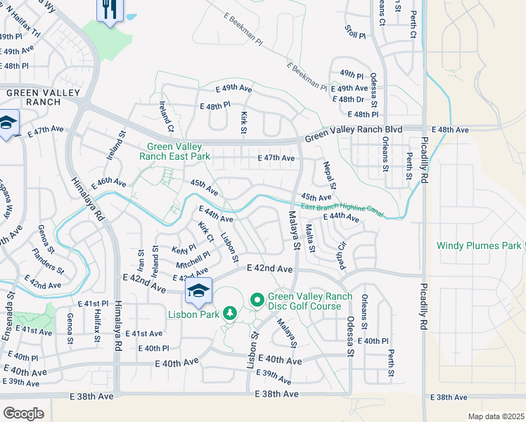 map of restaurants, bars, coffee shops, grocery stores, and more near 20923 East 44th Avenue in Denver