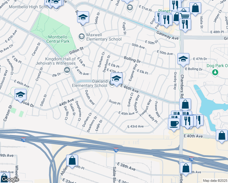 map of restaurants, bars, coffee shops, grocery stores, and more near 4587 Dearborn Street in Denver