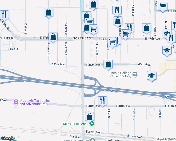 map of restaurants, bars, coffee shops, grocery stores, and more near 4444 Havana Street in Denver