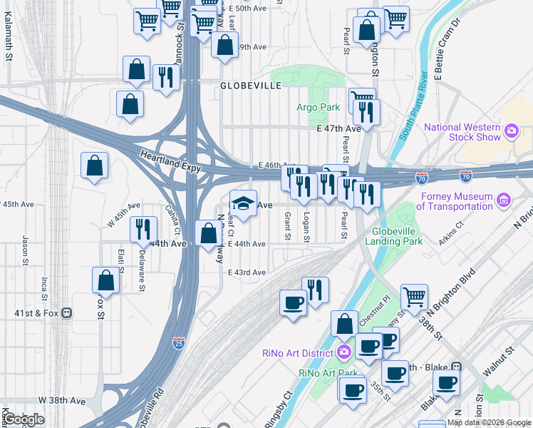 map of restaurants, bars, coffee shops, grocery stores, and more near 4505 Sherman Street in Denver