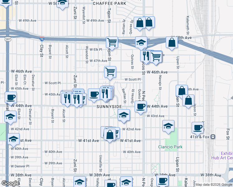 map of restaurants, bars, coffee shops, grocery stores, and more near 4530 Shoshone Street in Denver