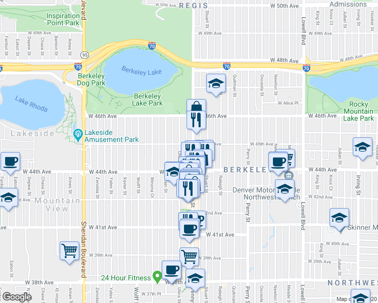 map of restaurants, bars, coffee shops, grocery stores, and more near 4502 Utica Street in Denver