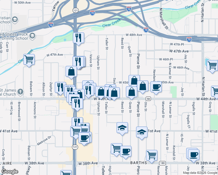 map of restaurants, bars, coffee shops, grocery stores, and more near 4490 Teller Street in Wheat Ridge