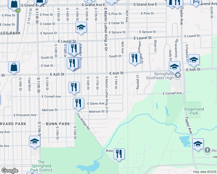 map of restaurants, bars, coffee shops, grocery stores, and more near 2001-2199 S Martin Luther King Jr Dr in Springfield