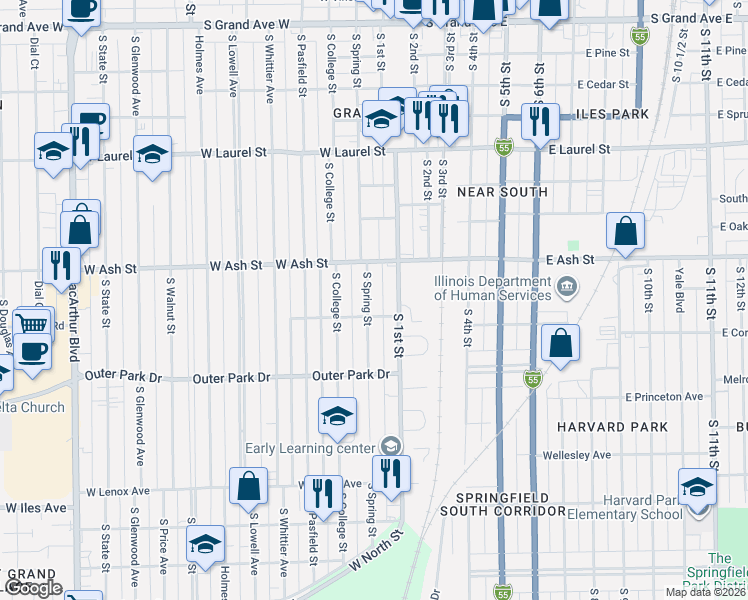 map of restaurants, bars, coffee shops, grocery stores, and more near in Springfield