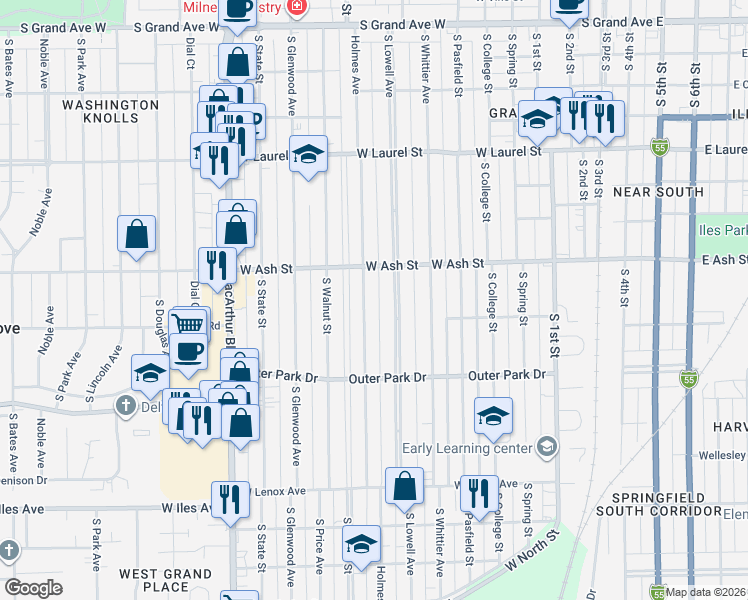 map of restaurants, bars, coffee shops, grocery stores, and more near 2016 Holmes Avenue in Springfield