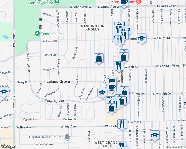map of restaurants, bars, coffee shops, grocery stores, and more near 2003 South Lincoln Avenue in Springfield