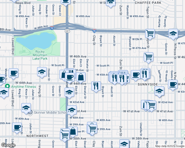 map of restaurants, bars, coffee shops, grocery stores, and more near 4469 Clay Street in Denver