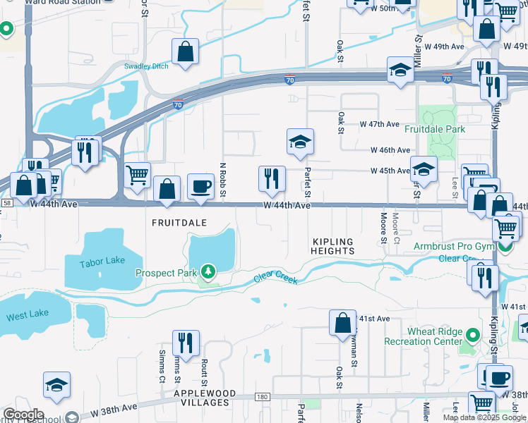 map of restaurants, bars, coffee shops, grocery stores, and more near 11221 West 44th Avenue in Wheat Ridge