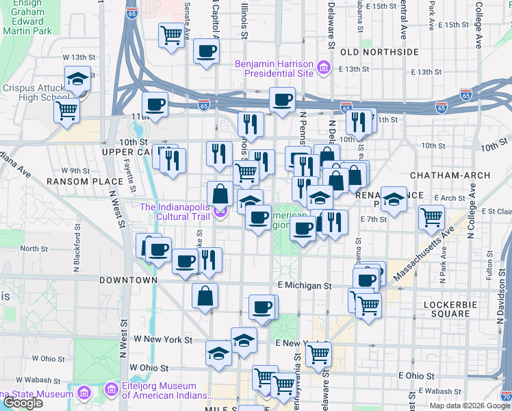 map of restaurants, bars, coffee shops, grocery stores, and more near 832 Pierson Street in Indianapolis