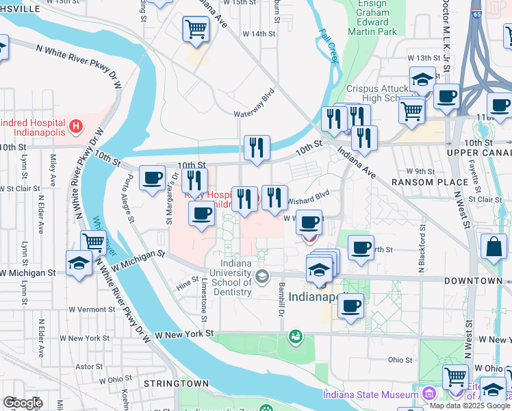 map of restaurants, bars, coffee shops, grocery stores, and more near 702 Barnhill Drive in Indianapolis