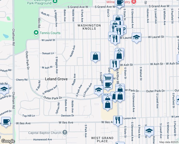 map of restaurants, bars, coffee shops, grocery stores, and more near 2003 South Lincoln Avenue in Springfield