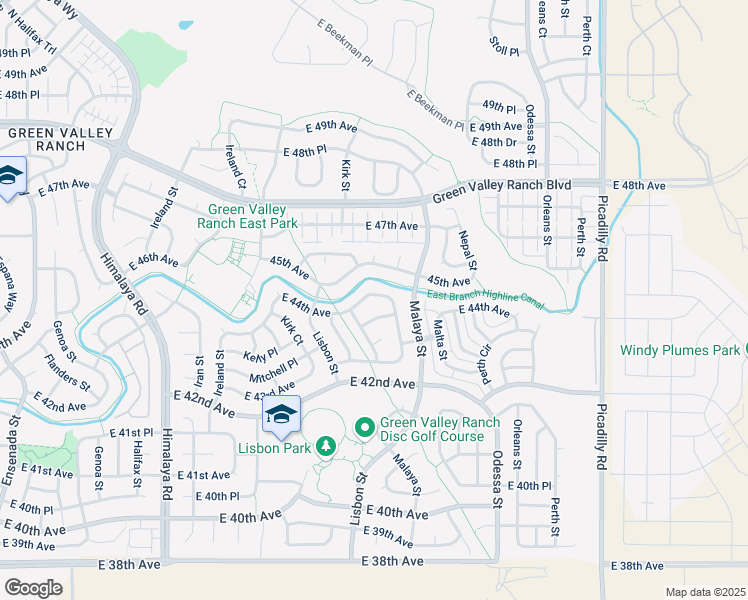 map of restaurants, bars, coffee shops, grocery stores, and more near 20923 East 44th Avenue in Denver