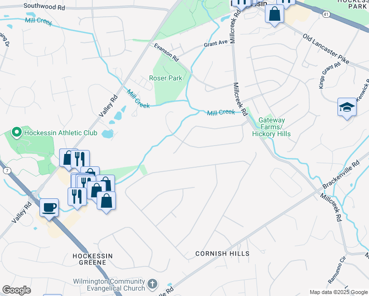 map of restaurants, bars, coffee shops, grocery stores, and more near 34 Robin Drive in Hockessin