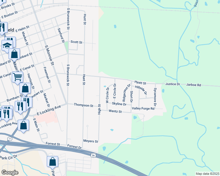 map of restaurants, bars, coffee shops, grocery stores, and more near 101 West Circle Drive in Brookfield